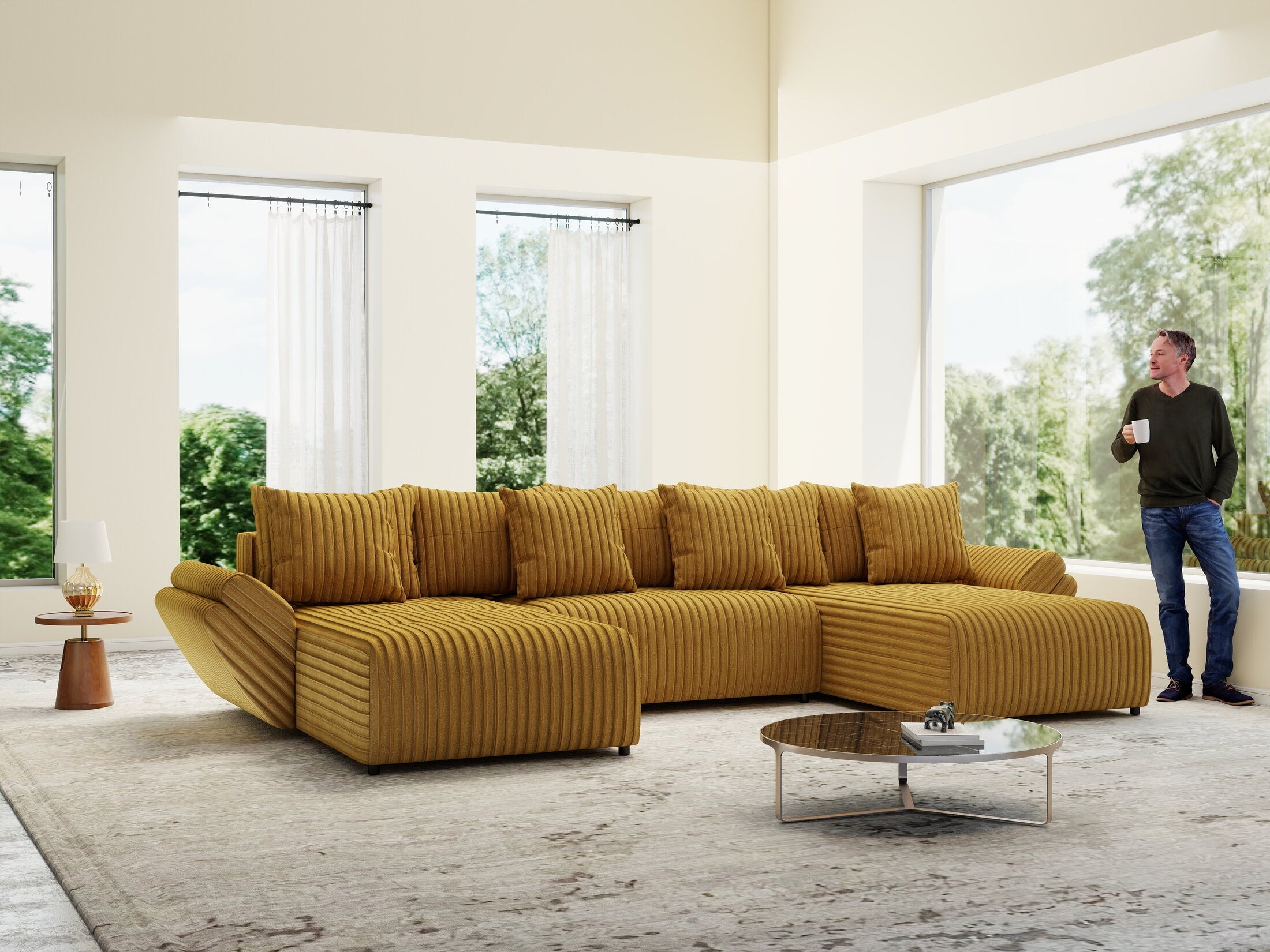 Colțar extensibil dumonde cu ladă de depozitare si sezut confortabil din spuma high-density, Berlin U Ambiance Mustar 380x180 cm