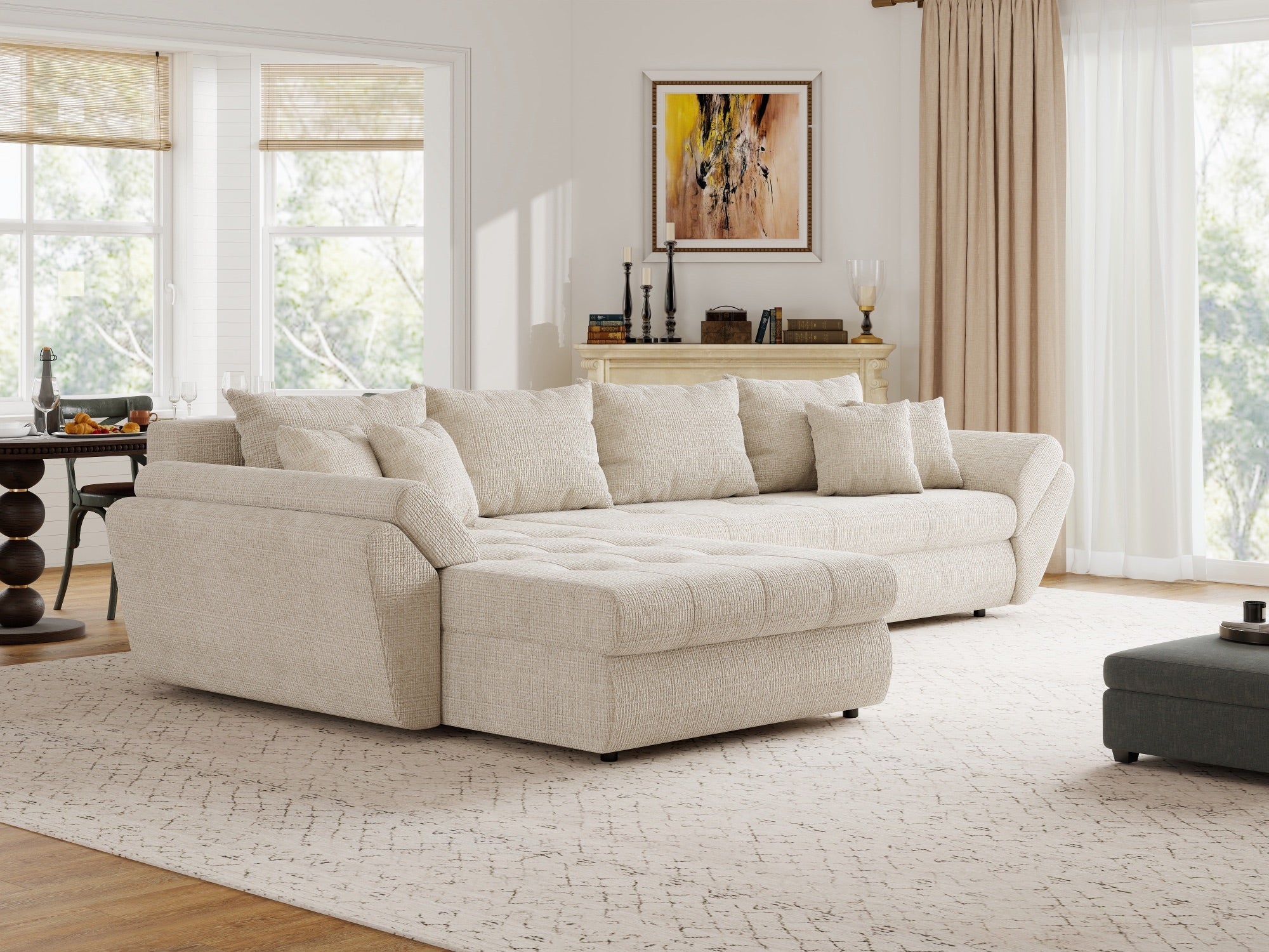 Colțar extensibil dumonde cu ladă de depozitare si sezut confortabil din spuma high-density, Loana XL Cremona Gri Deschis 335x185 cm