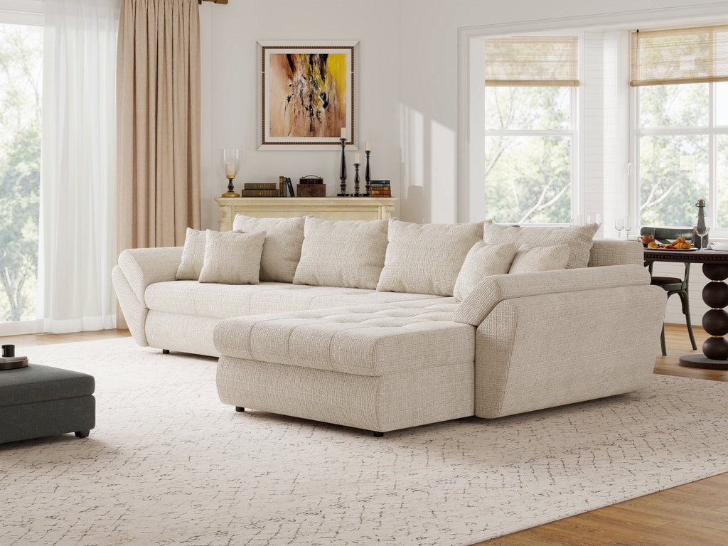 Colțar extensibil dumonde cu ladă de depozitare si sezut confortabil din spuma high-density, Loana XL Cremona Gri Deschis II 335x185 cm