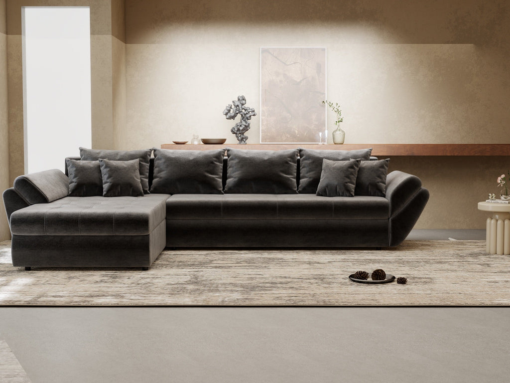 Colțar extensibil dumonde cu ladă de depozitare si sezut confortabil din spuma high-density, Loana XL Monolith Gri Antracit 335x185 cm