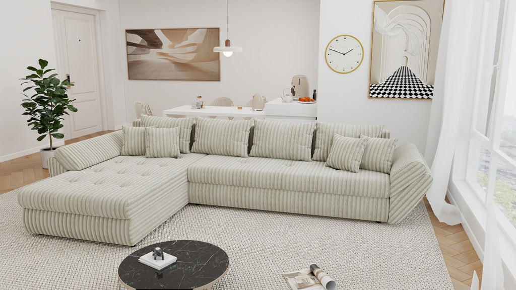 Colțar extensibil dumonde cu ladă de depozitare si sezut confortabil din spuma high-density, Loana XL Tilia Gri- Bej 335x185 cm