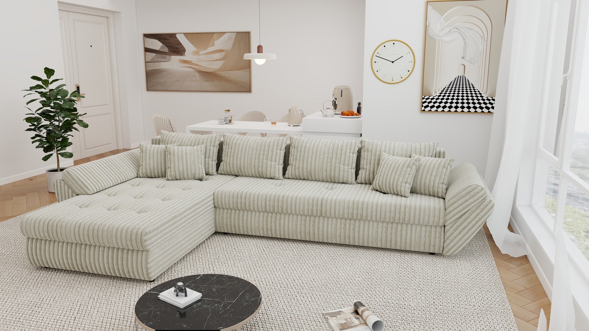 Colțar extensibil dumonde cu ladă de depozitare si sezut confortabil din spuma high-density, Loana XL Tilia Gri- Bej 335x185 cm