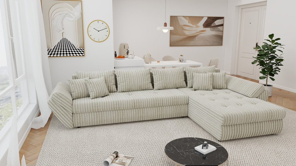 Colțar extensibil dumonde cu ladă de depozitare si sezut confortabil din spuma high-density, Loana XL Tilia Gri- Bej II 335x185 cm
