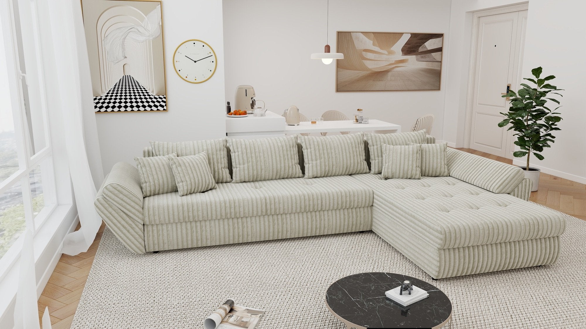 Colțar extensibil dumonde cu ladă de depozitare si sezut confortabil din spuma high-density, Loana XL Tilia Gri- Bej II 335x185 cm