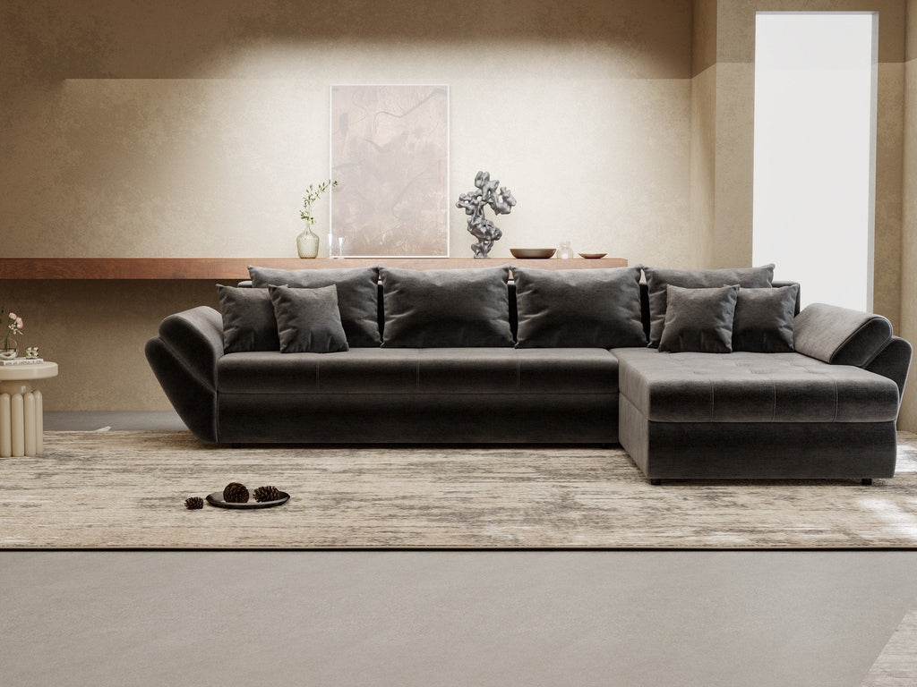 Colțar extensibil dumonde cu ladă de depozitare si sezut confortabil din spuma high-density, Loana XL Monolith Gri Antracit II 335x185 cm