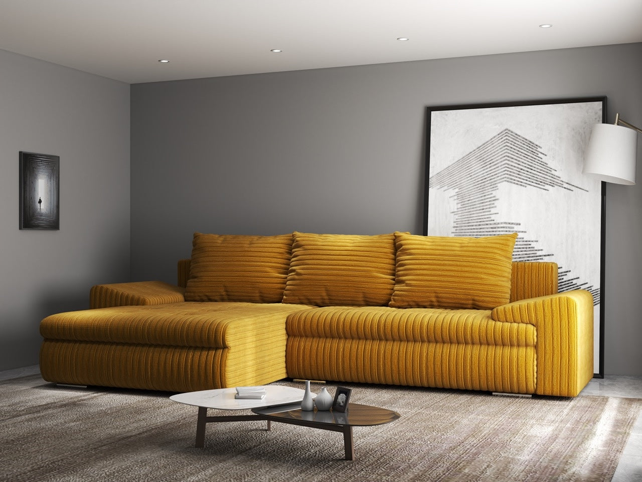 Colțar extensibil dumonde cu ladă de depozitare si sezut confortabil din spuma high-density, Leonardo Ambience Mustar 260x185 cm