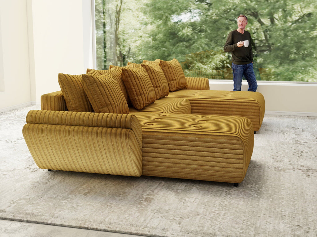 Colțar extensibil dumonde cu ladă de depozitare si sezut confortabil din spuma high-density, Berlin U Ambiance Mustar 380x180 cm