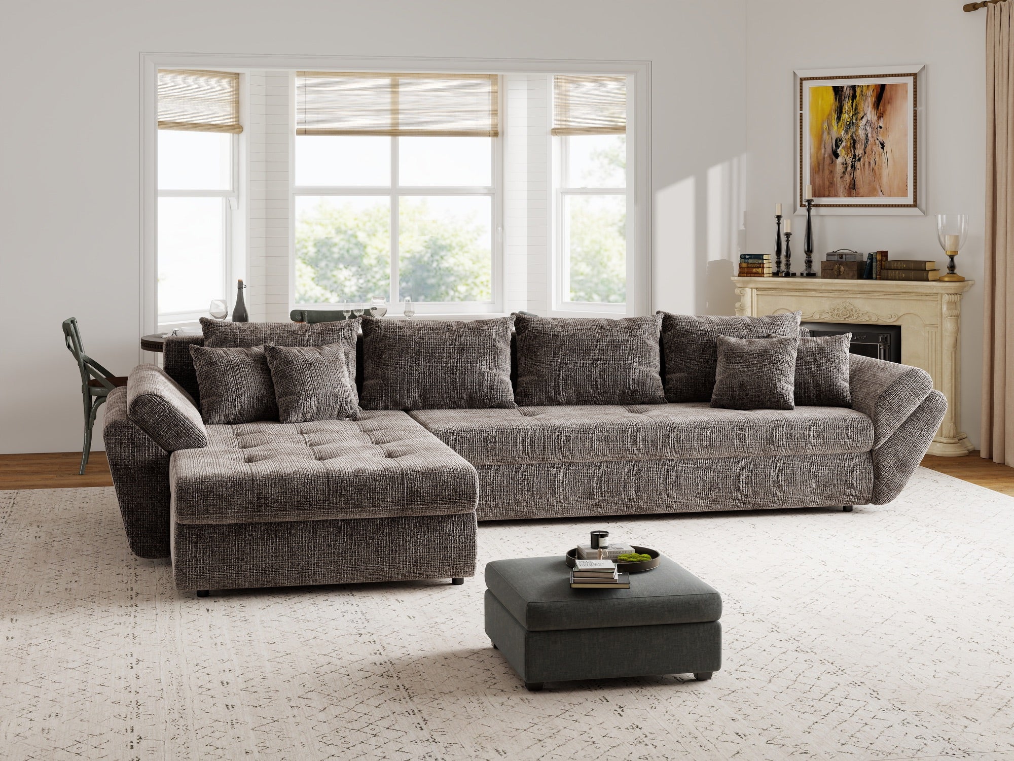 Colțar extensibil dumonde cu ladă de depozitare si sezut confortabil din spuma high-density, Loana XL Cremona Maro-bej 335x185 cm