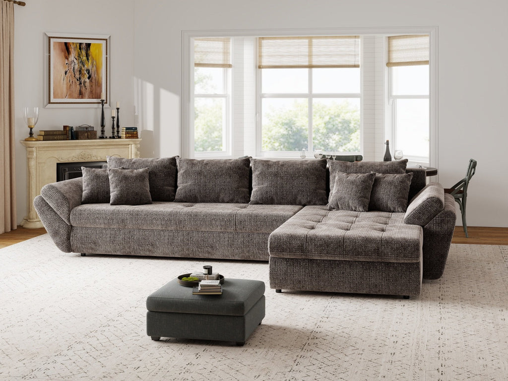 Colțar extensibil dumonde cu ladă de depozitare si sezut confortabil din spuma high-density, Loana XL Cremona Maro-bej II 335x185 cm