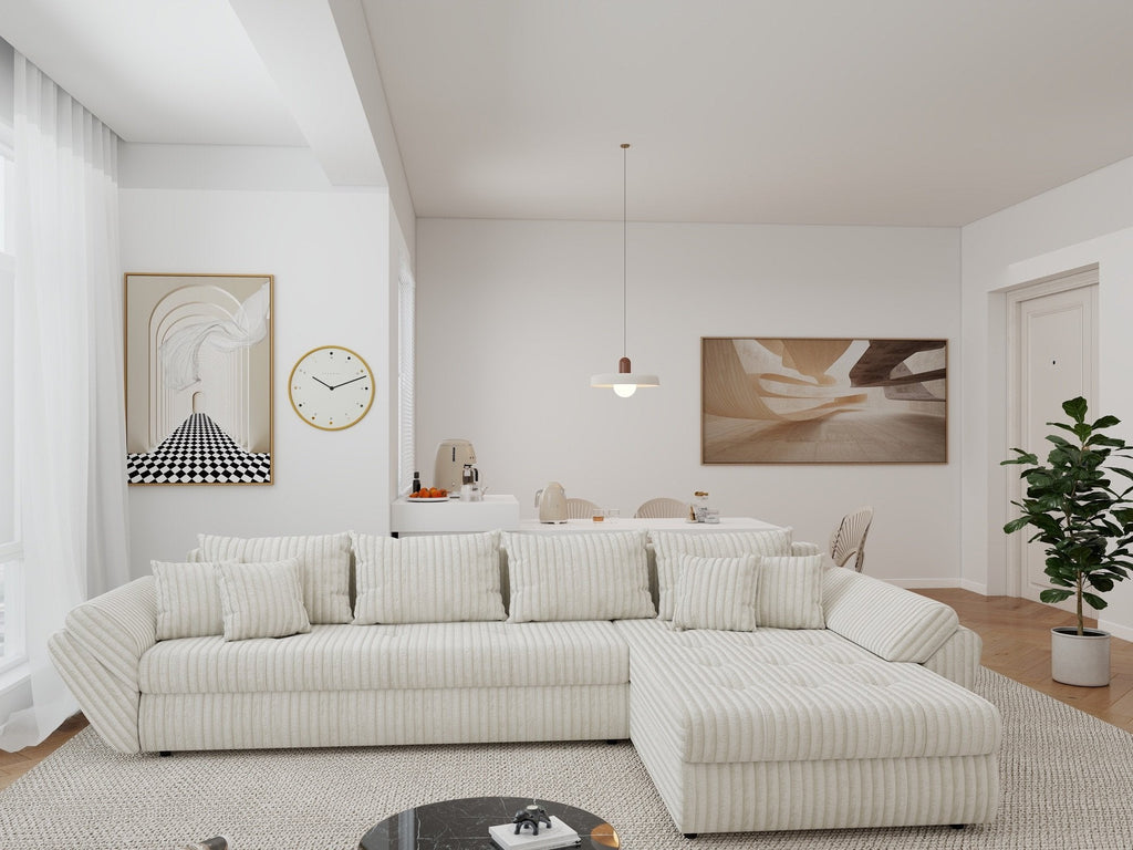 Colțar extensibil dumonde cu ladă de depozitare si sezut confortabil din spuma high-density, Loana XL Tilia Bej 01 II 335x185 cm