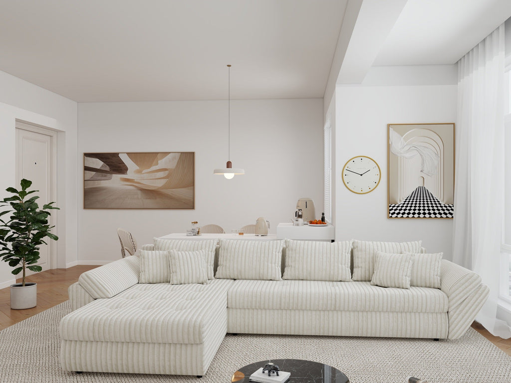Colțar extensibil dumonde cu ladă de depozitare si sezut confortabil din spuma high-density, Loana XL Tilia Bej 01 335x185 cm