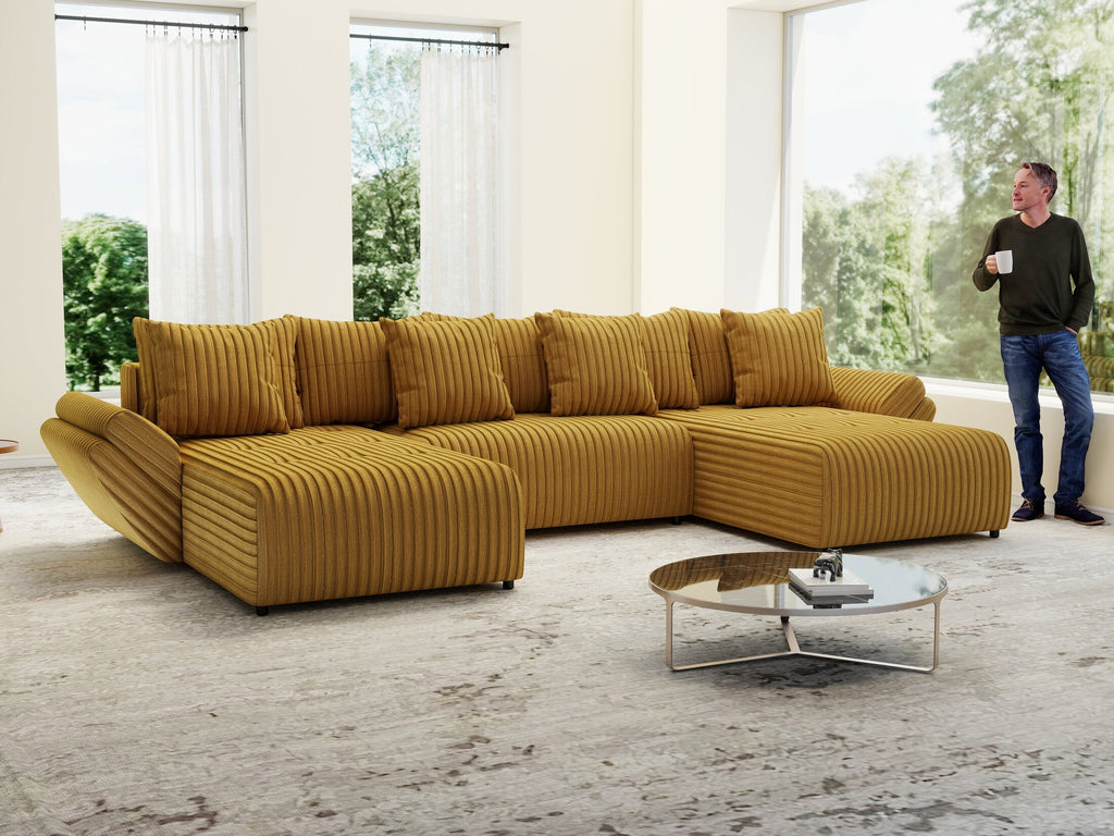 Colțar extensibil dumonde cu ladă de depozitare si sezut confortabil din spuma high-density, Berlin U Ambiance Mustar 380x180 cm