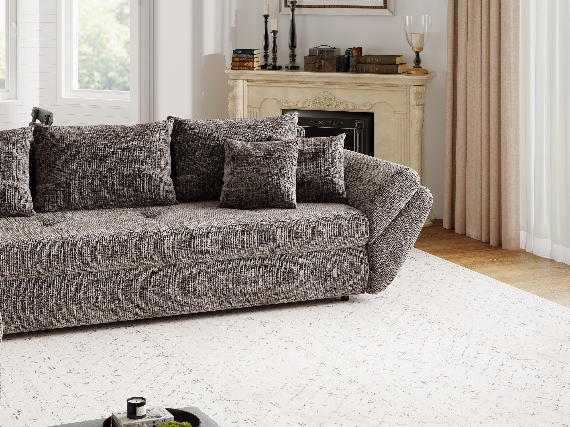 Colțar extensibil dumonde cu ladă de depozitare si sezut confortabil din spuma high-density, Loana XL Cremona Maro-bej 335x185 cm