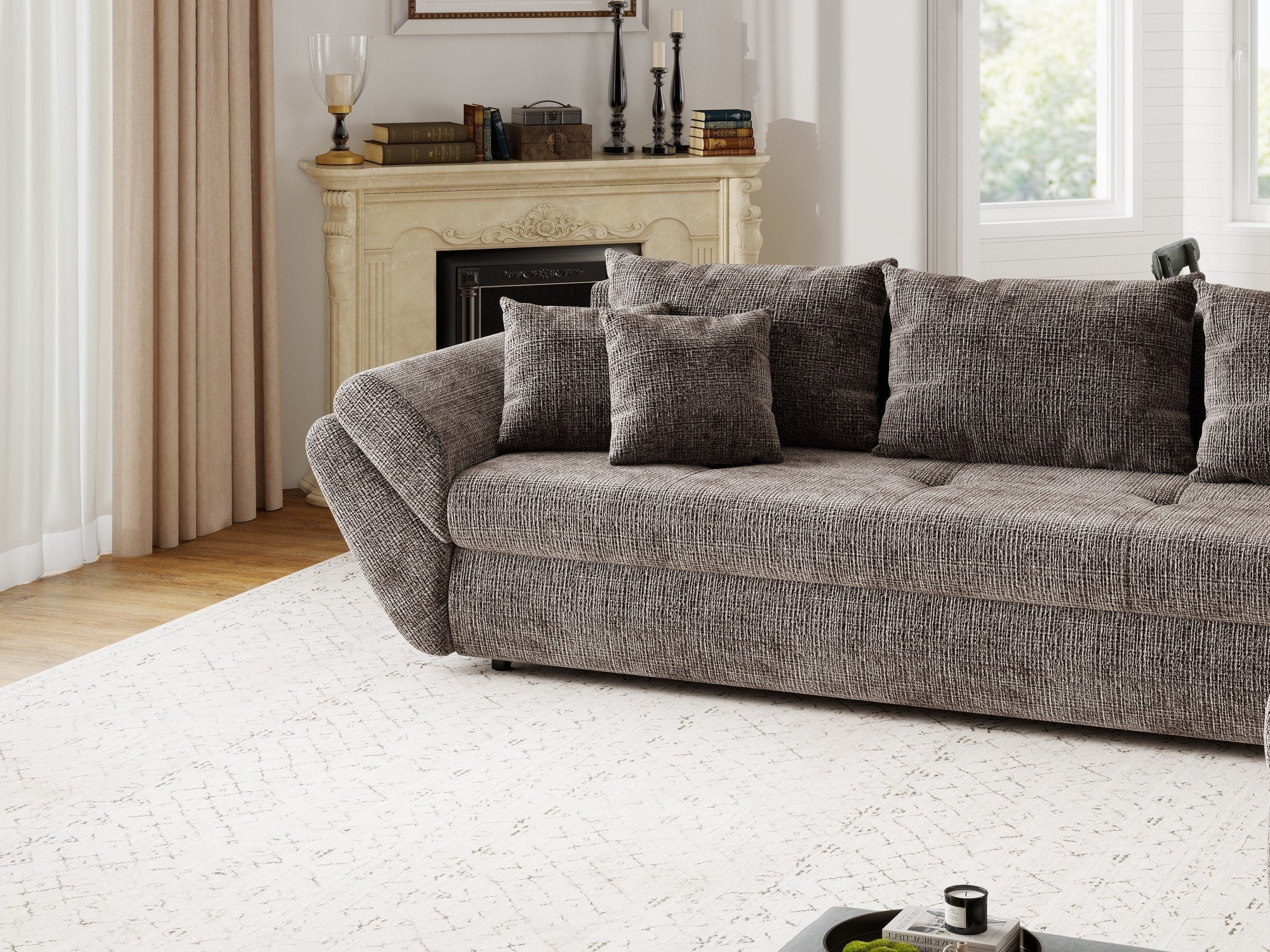 Colțar extensibil dumonde cu ladă de depozitare si sezut confortabil din spuma high-density, Loana XL Cremona Maro-bej II 335x185 cm
