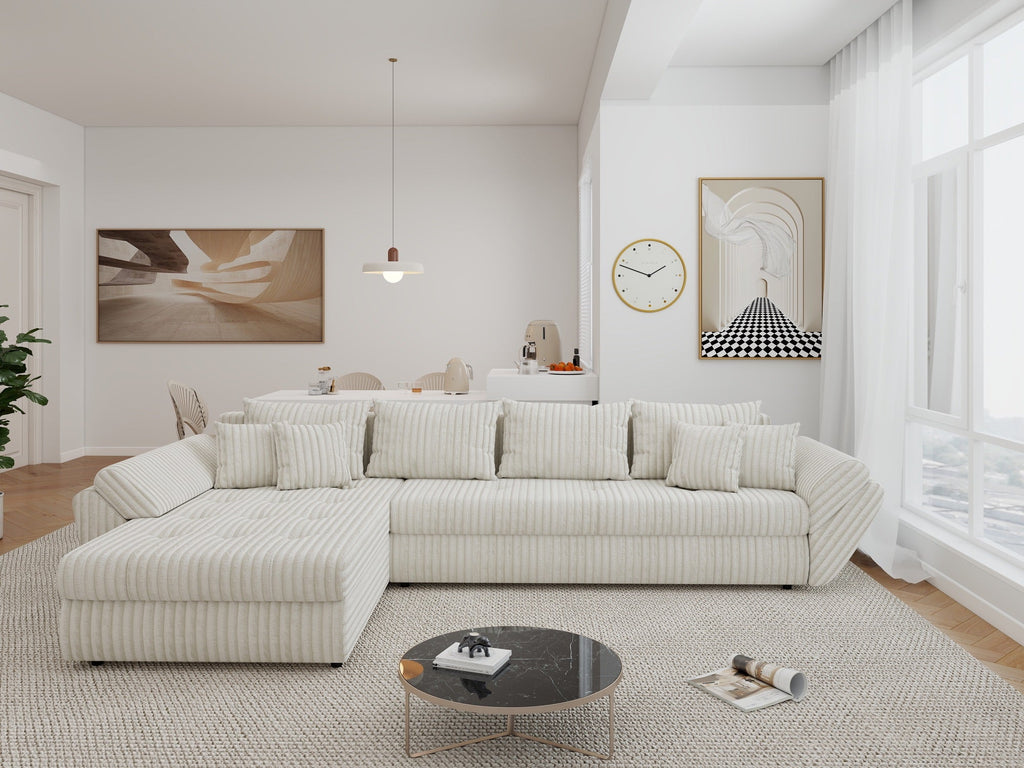 Colțar extensibil dumonde cu ladă de depozitare si sezut confortabil din spuma high-density, Loana XL Tilia Bej 01 335x185 cm