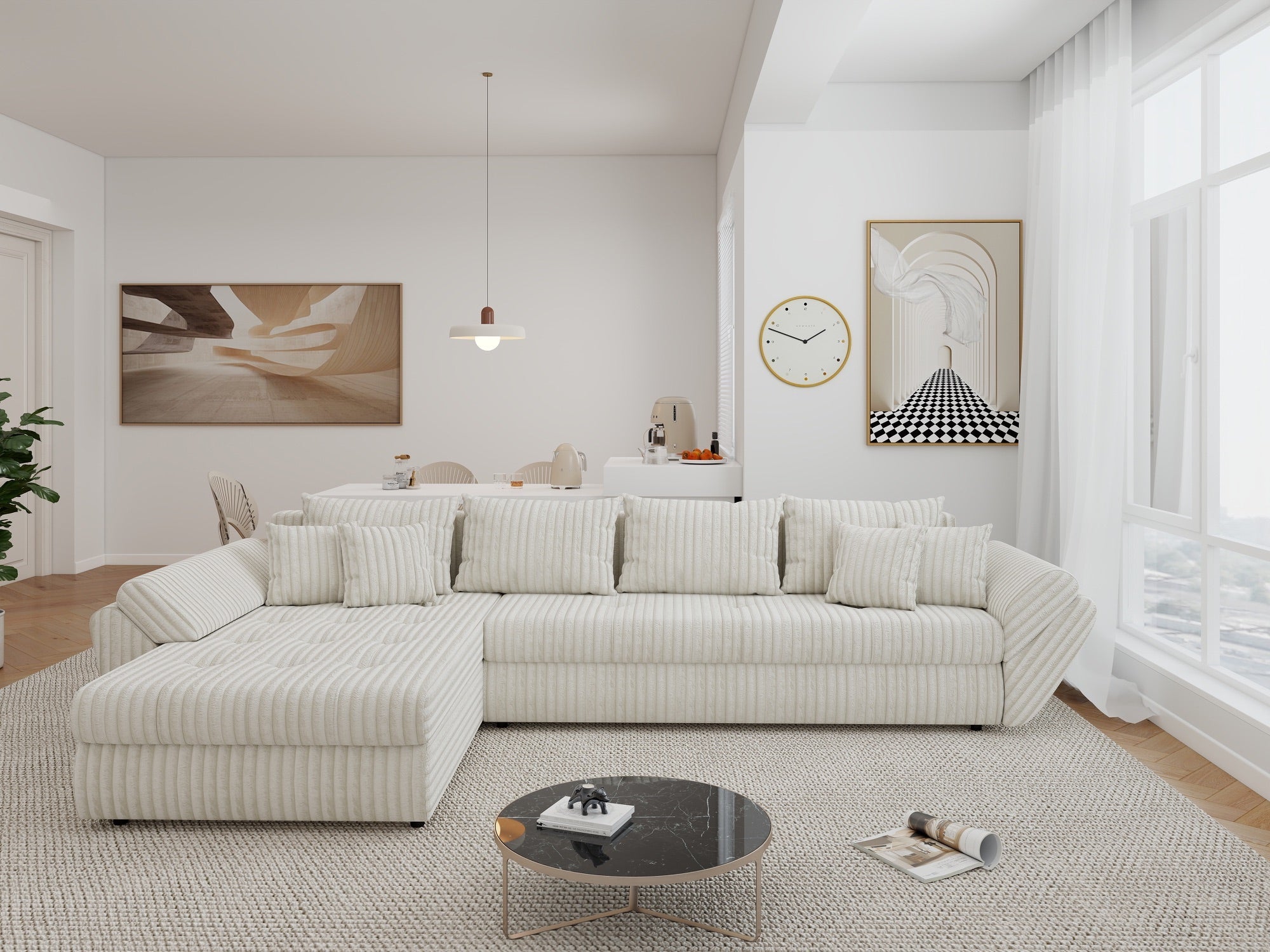 Colțar extensibil dumonde cu ladă de depozitare si sezut confortabil din spuma high-density, Loana XL Tilia Bej 01 335x185 cm