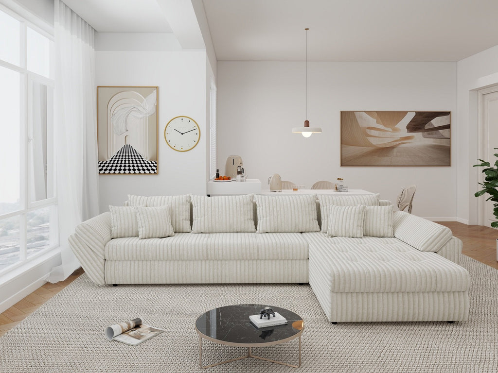 Colțar extensibil dumonde cu ladă de depozitare si sezut confortabil din spuma high-density, Loana XL Tilia Bej 01 II 335x185 cm
