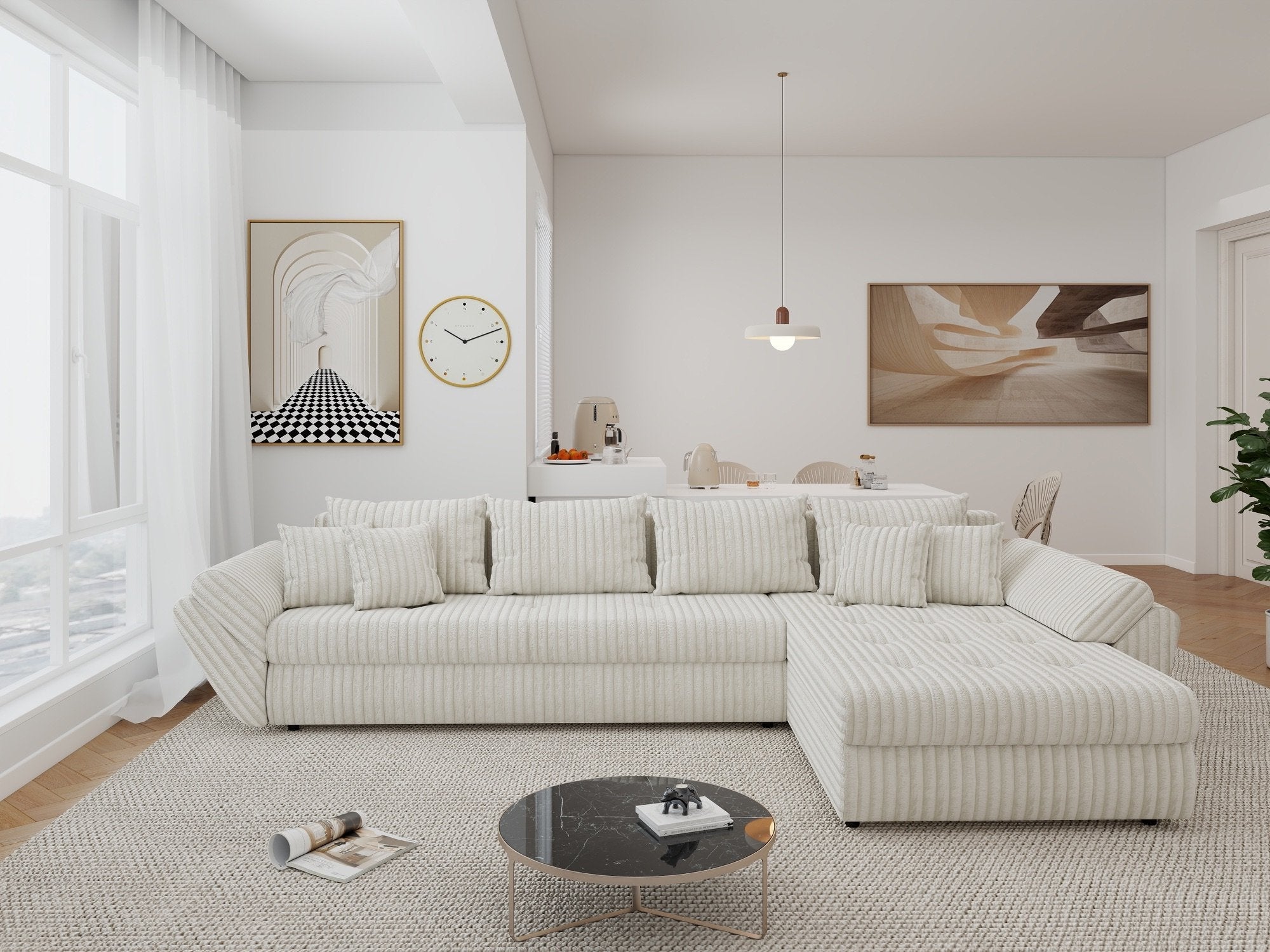 Colțar extensibil dumonde cu ladă de depozitare si sezut confortabil din spuma high-density, Loana XL Tilia Bej 01 II 335x185 cm