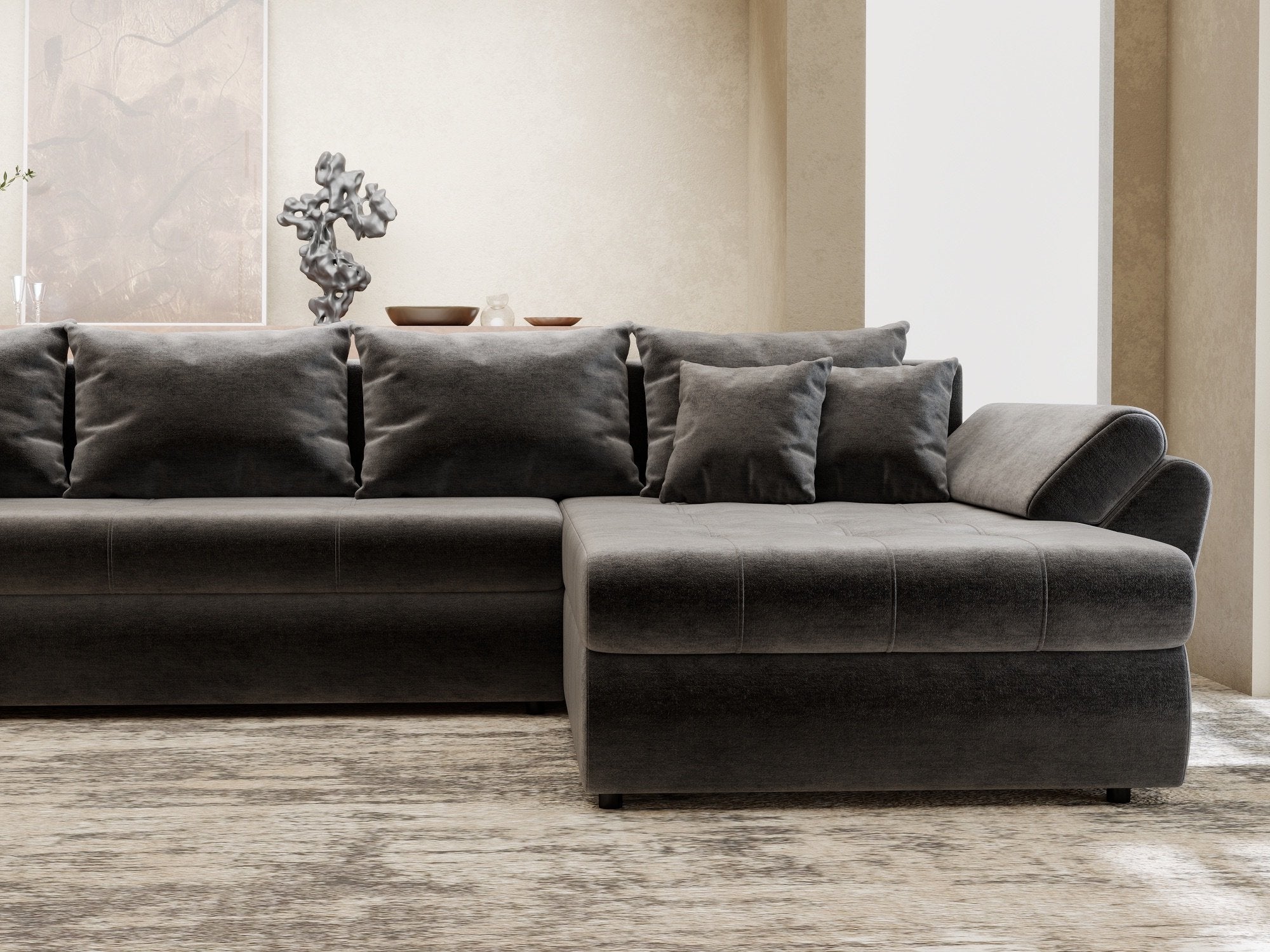 Colțar extensibil dumonde cu ladă de depozitare si sezut confortabil din spuma high-density, Loana XL Monolith Gri Antracit II 335x185 cm