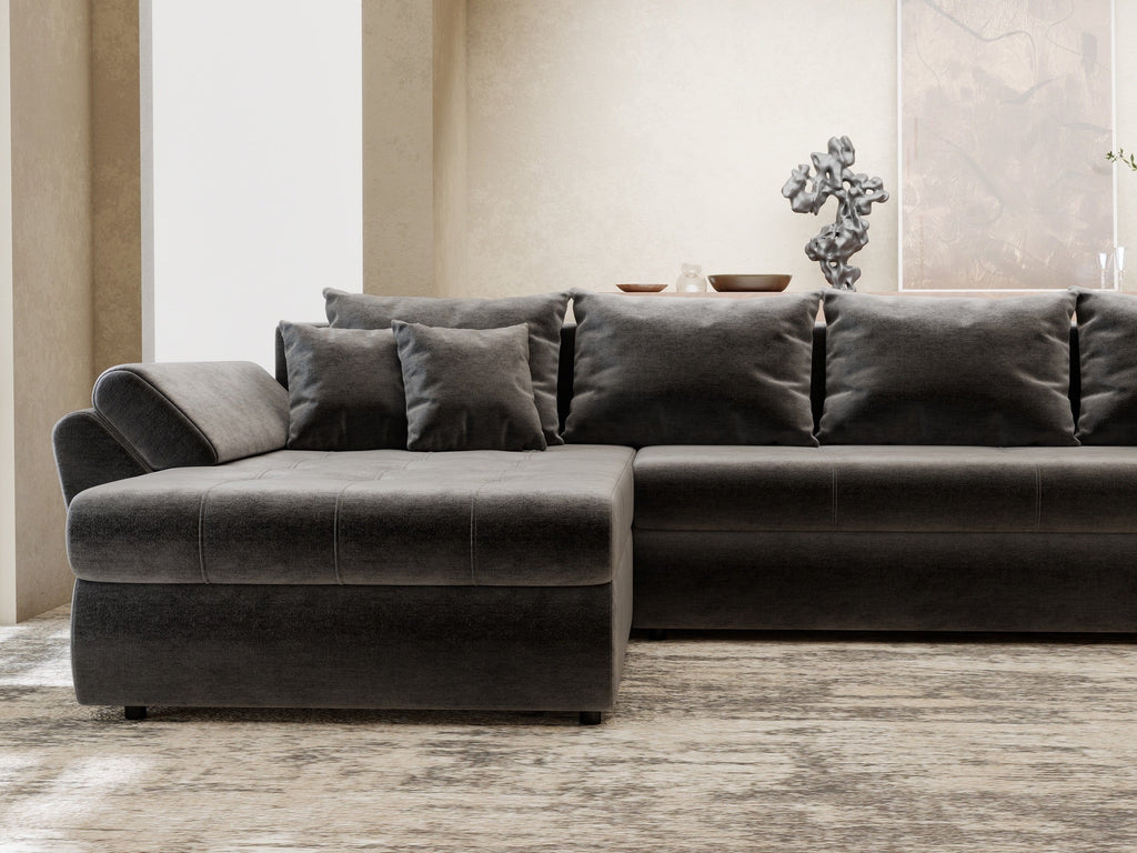 Colțar extensibil dumonde cu ladă de depozitare si sezut confortabil din spuma high-density, Loana XL Monolith Gri Antracit 335x185 cm