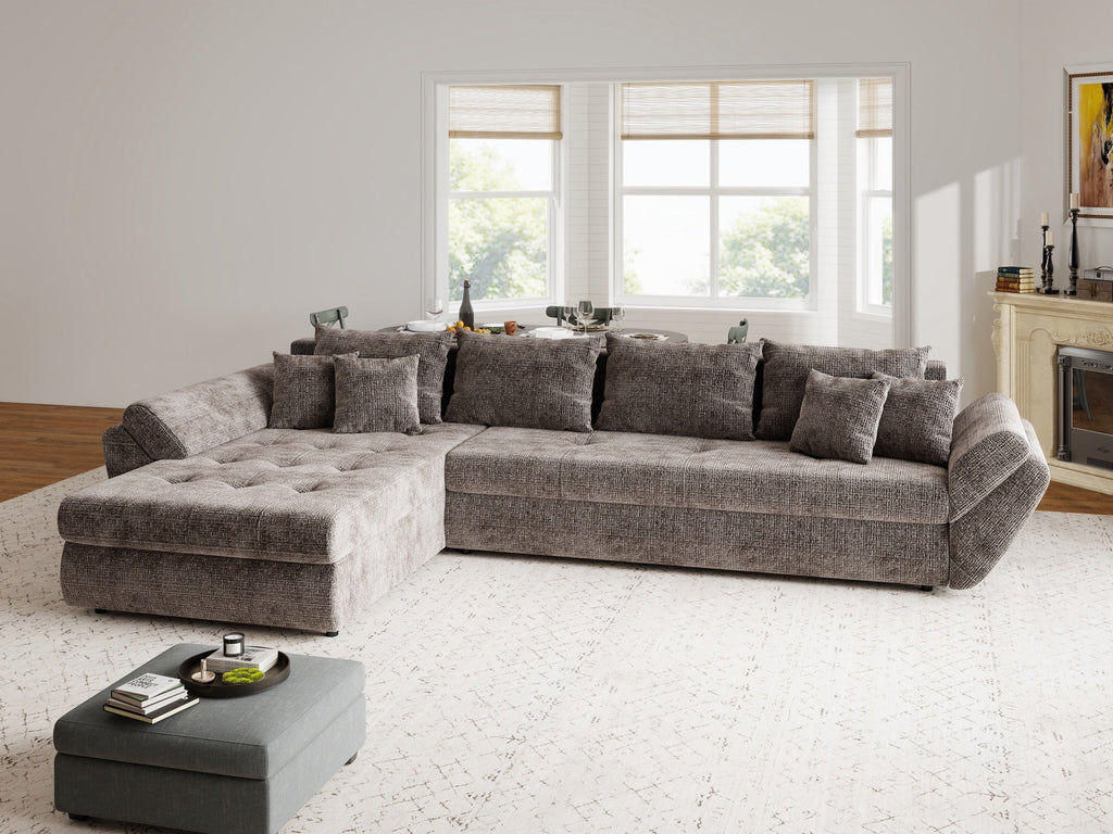 Colțar extensibil dumonde cu ladă de depozitare si sezut confortabil din spuma high-density, Loana XL Cremona Maro-bej 335x185 cm