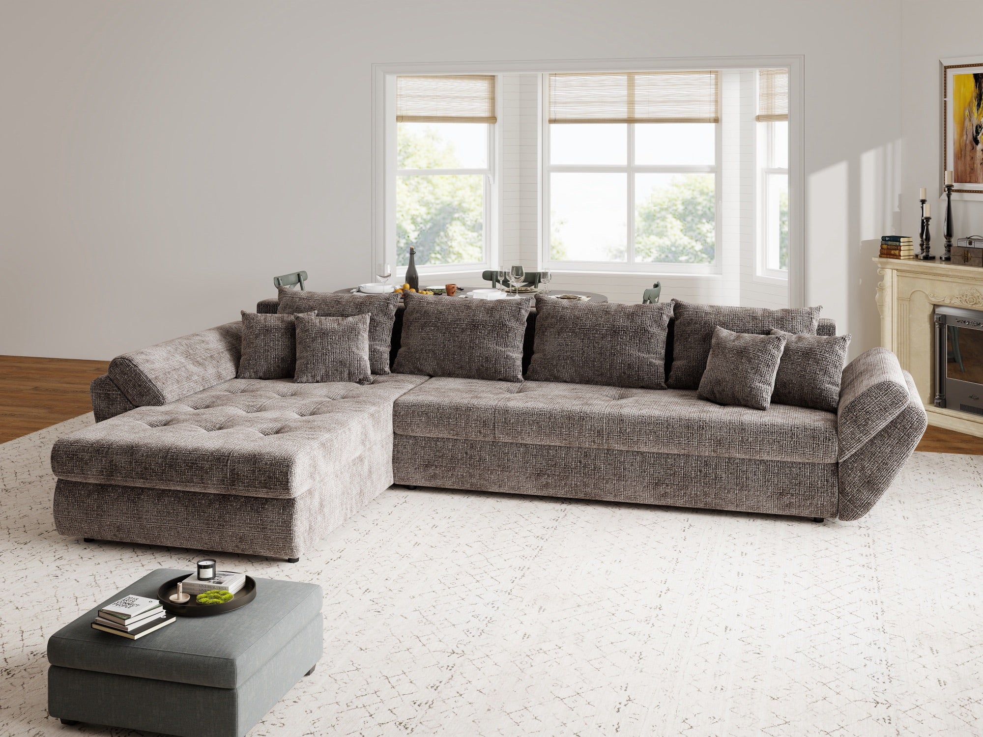 Colțar extensibil dumonde cu ladă de depozitare si sezut confortabil din spuma high-density, Loana XL Cremona Maro-bej 335x185 cm