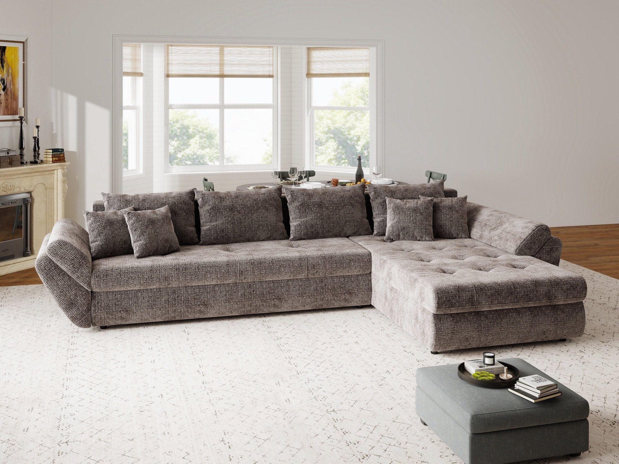 Colțar extensibil dumonde cu ladă de depozitare si sezut confortabil din spuma high-density, Loana XL Cremona Maro-bej II 335x185 cm