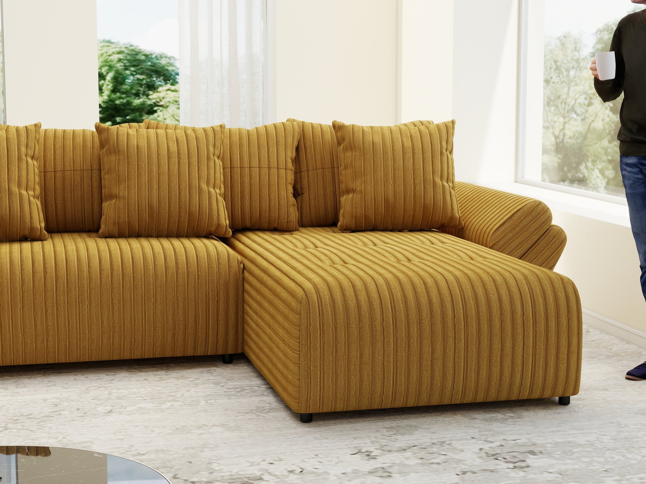 Colțar extensibil dumonde cu ladă de depozitare si sezut confortabil din spuma high-density, Berlin U Ambiance Mustar 380x180 cm