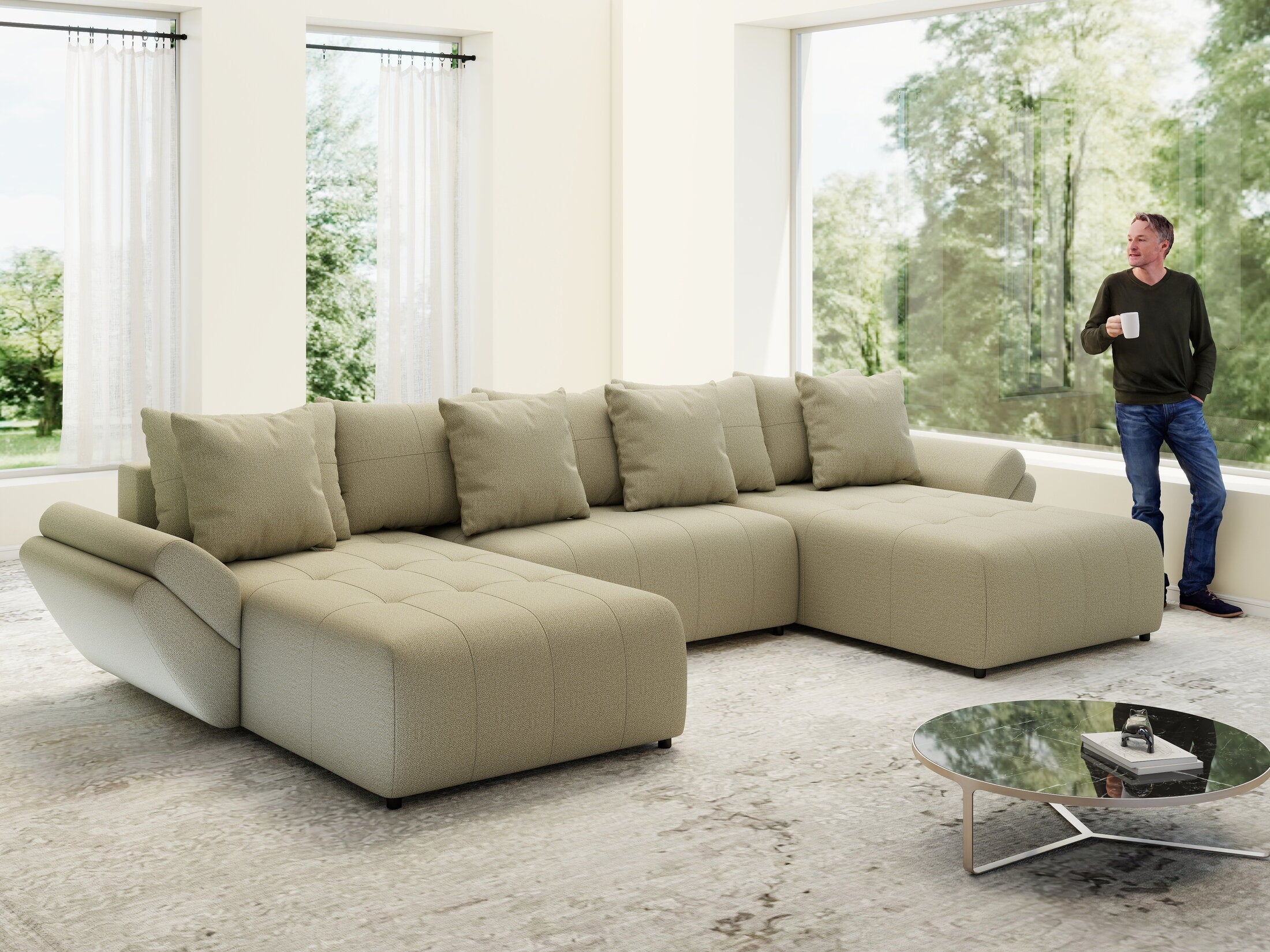 Colțar extensibil dumonde cu ladă de depozitare si sezut confortabil din spuma high-density, Berlin U Enjoy Camel 380x180 cm