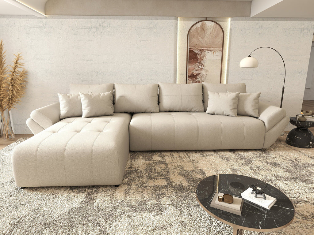 Colțar extensibil dumonde cu ladă de depozitare si sezut confortabil din spuma high-density, Berlin XL Enjoy Beige 350x185 cm