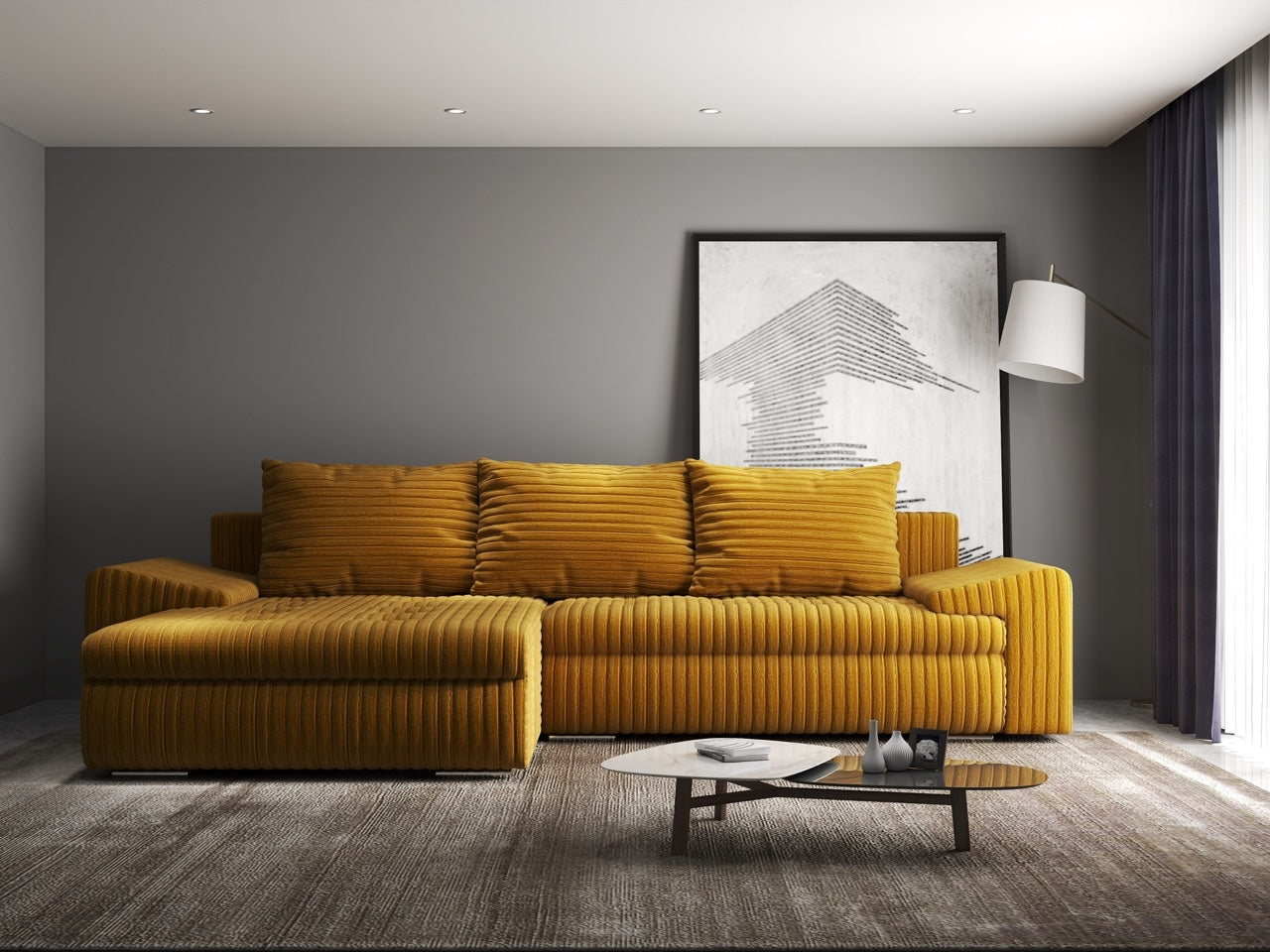 Colțar extensibil dumonde cu ladă de depozitare si sezut confortabil din spuma high-density, Leonardo Ambience Mustar 260x185 cm