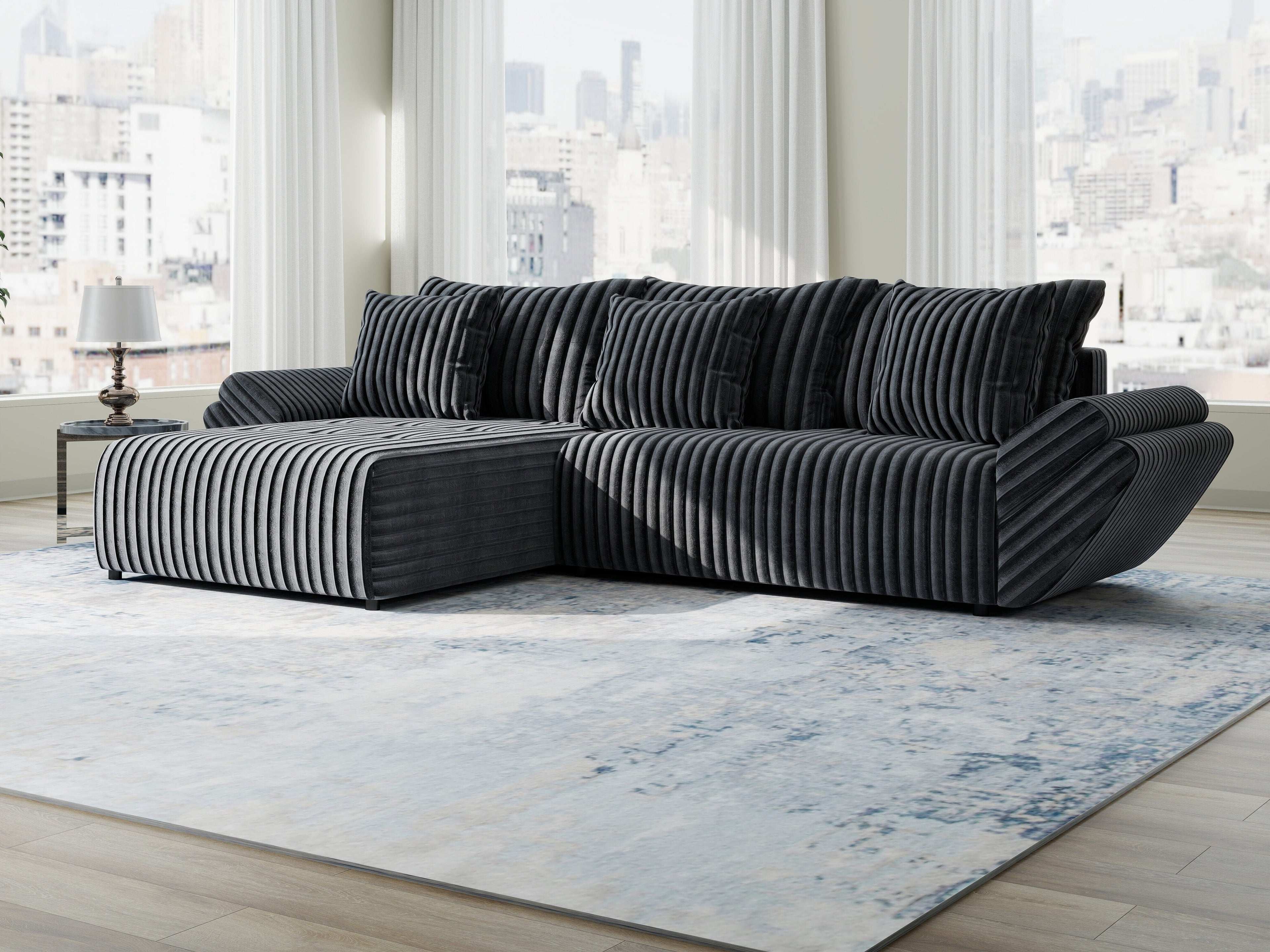 Colțar extensibil dumonde cu ladă de depozitare si sezut confortabil din spuma high-density, Berlin Ambience Gri 280x185 cm