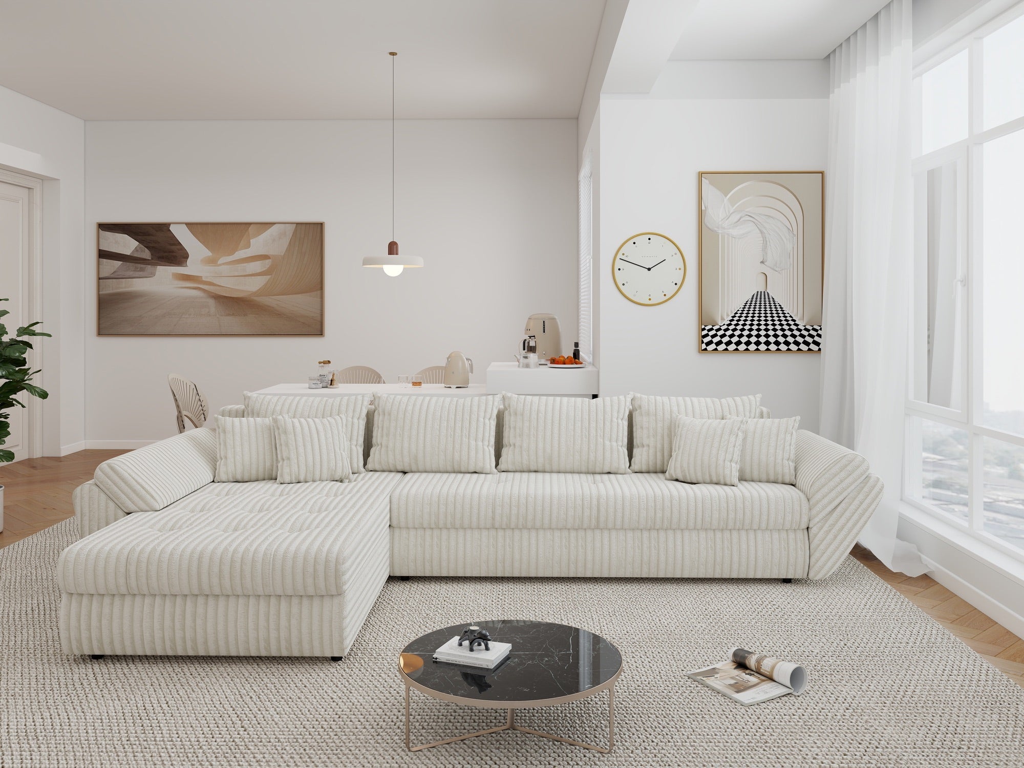 Colțar extensibil dumonde cu ladă de depozitare si sezut confortabil din spuma high-density, Loana XL Tilia Bej 01 335x185 cm
