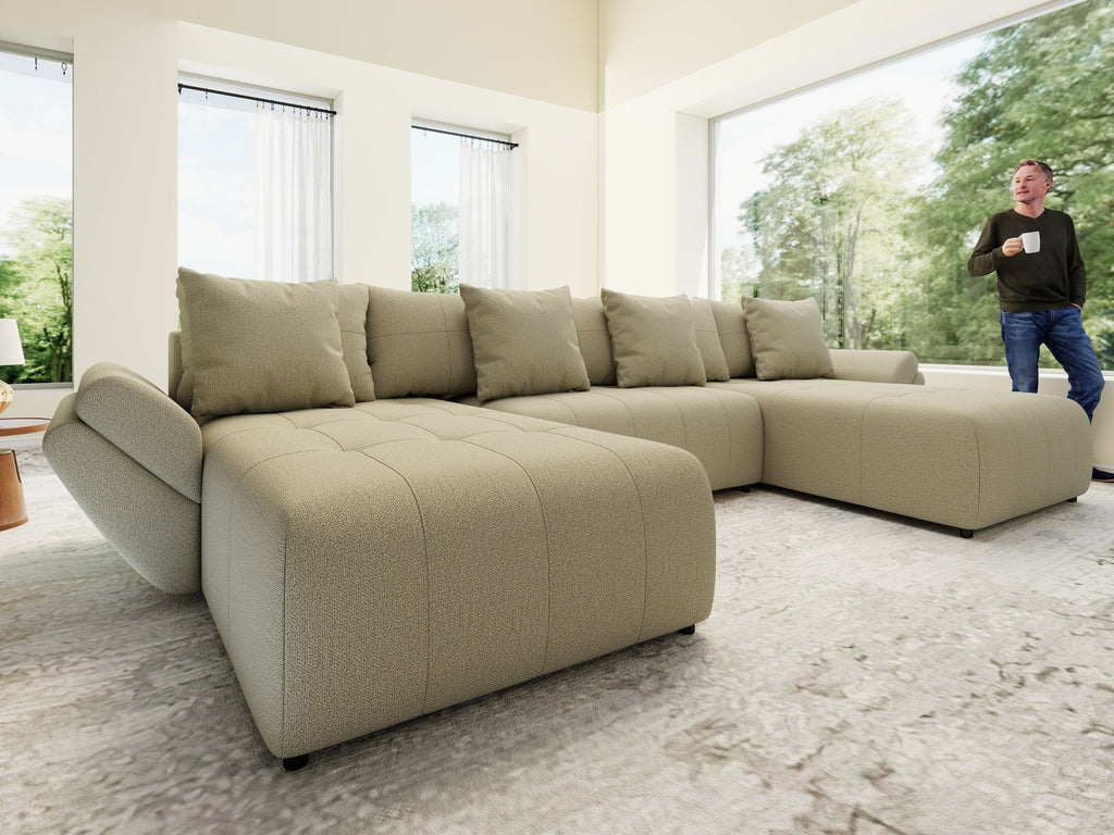 Colțar extensibil dumonde cu ladă de depozitare si sezut confortabil din spuma high-density, Berlin U Enjoy Camel 380x180 cm