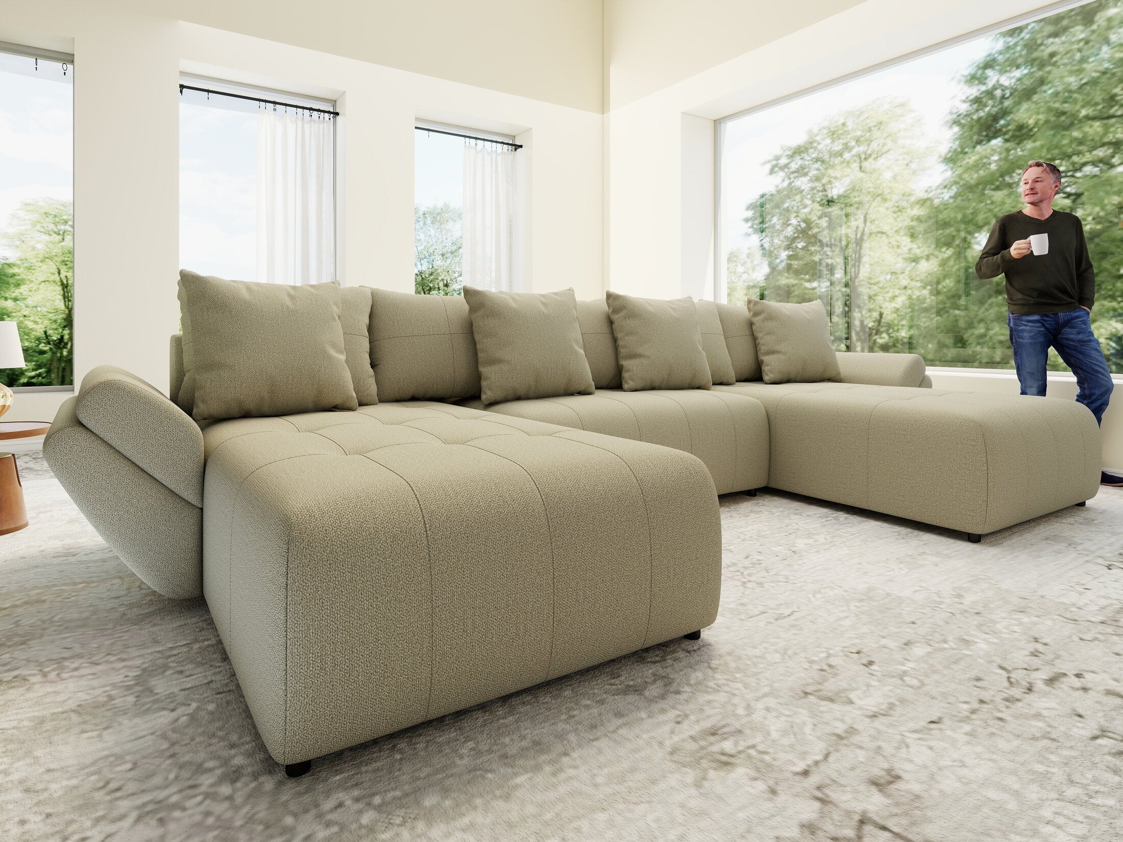 Colțar extensibil dumonde cu ladă de depozitare si sezut confortabil din spuma high-density, Berlin U Enjoy Camel 380x180 cm