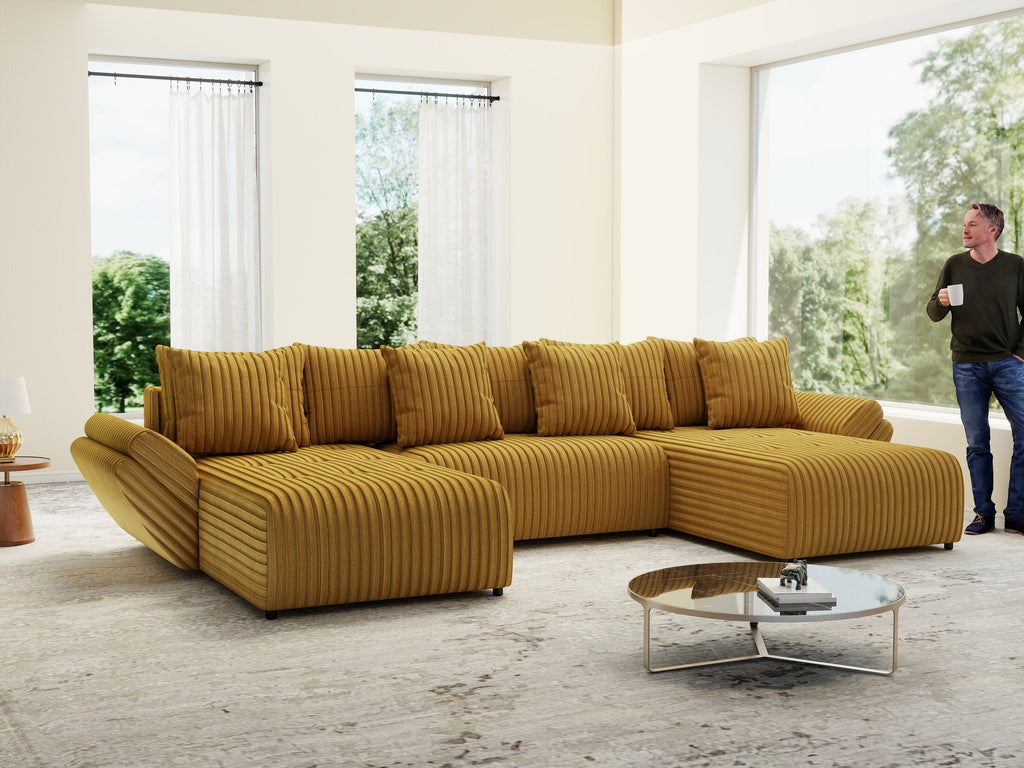 Colțar extensibil dumonde cu ladă de depozitare si sezut confortabil din spuma high-density, Berlin U Ambiance Mustar 380x180 cm