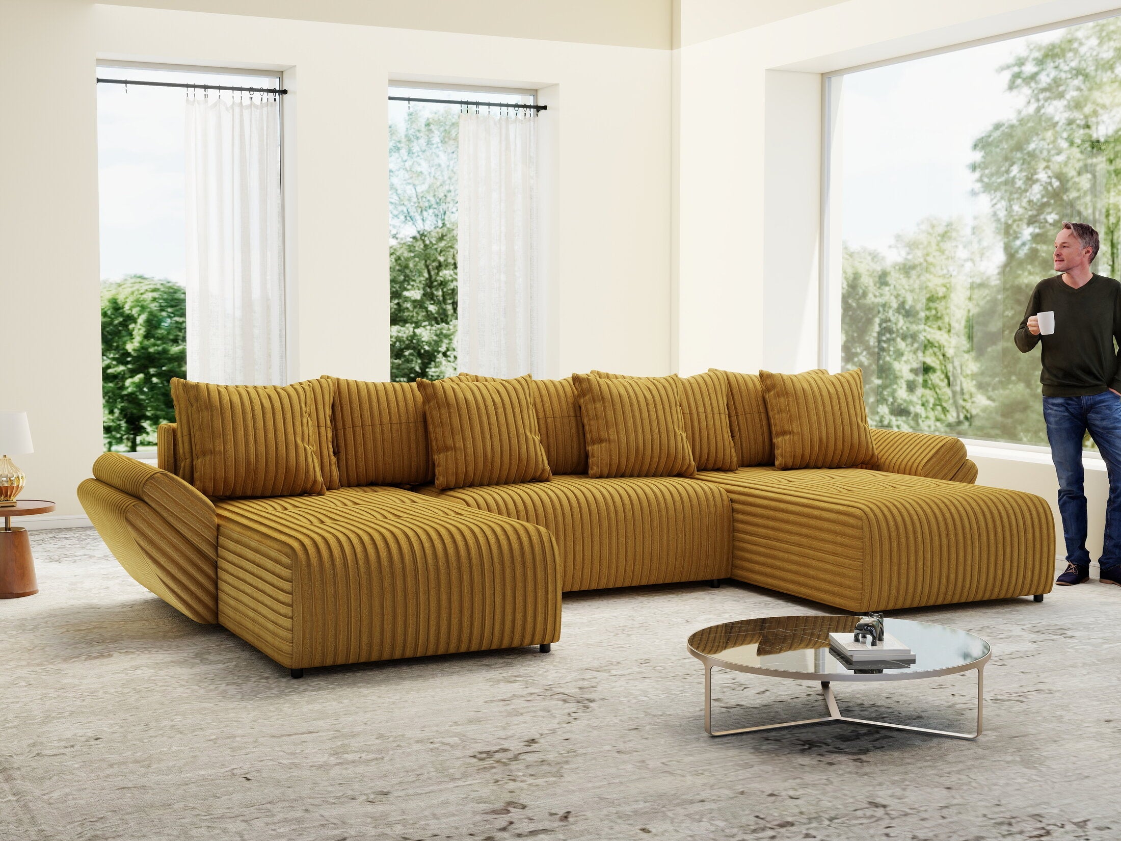 Colțar extensibil dumonde cu ladă de depozitare si sezut confortabil din spuma high-density, Berlin U Ambiance Mustar 380x180 cm
