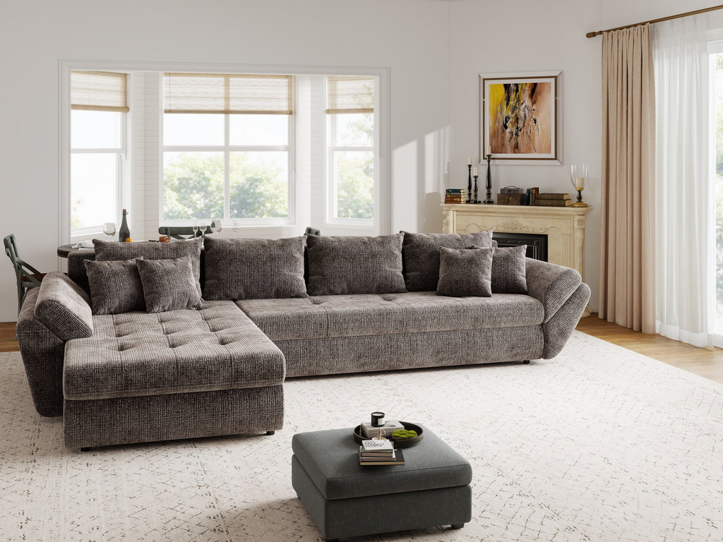 Colțar extensibil dumonde cu ladă de depozitare si sezut confortabil din spuma high-density, Loana XL Cremona Maro-bej 335x185 cm