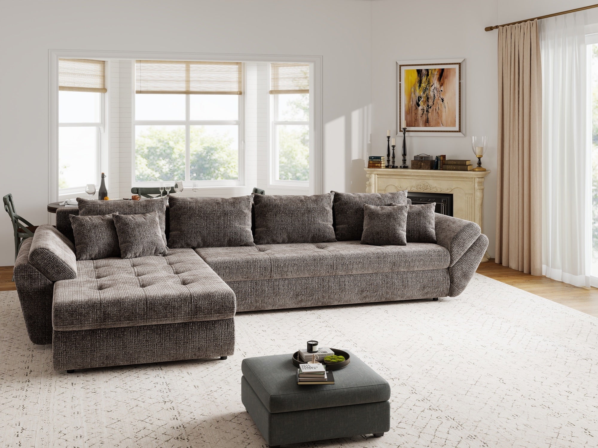 Colțar extensibil dumonde cu ladă de depozitare si sezut confortabil din spuma high-density, Loana XL Cremona Maro-bej 335x185 cm