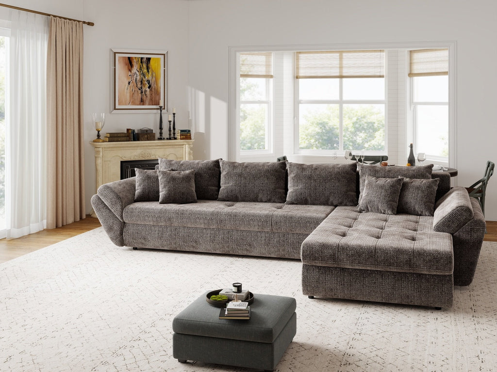 Colțar extensibil dumonde cu ladă de depozitare si sezut confortabil din spuma high-density, Loana XL Cremona Maro-bej II 335x185 cm