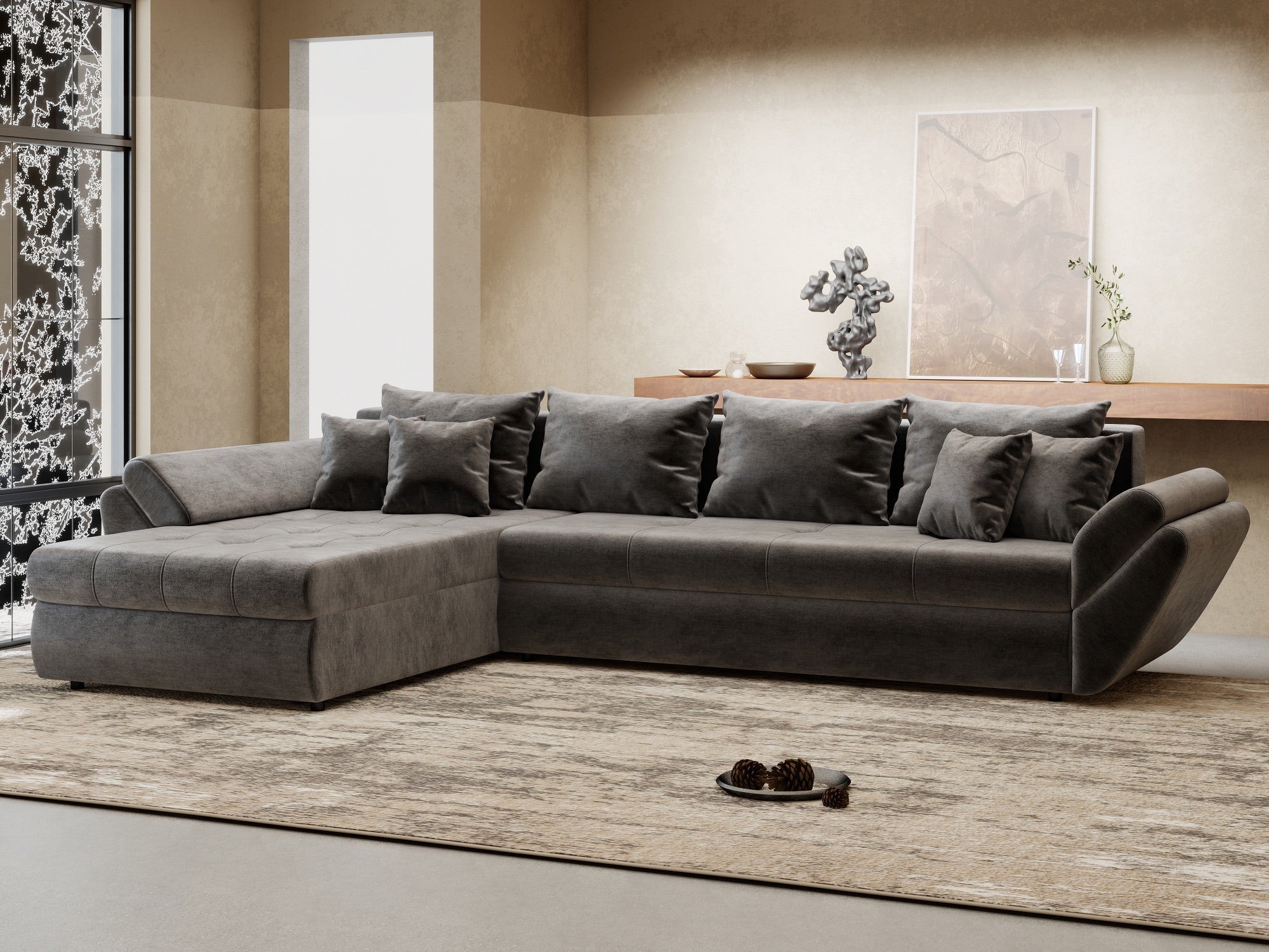 Colțar extensibil dumonde cu ladă de depozitare si sezut confortabil din spuma high-density, Loana XL Monolith Gri Antracit 335x185 cm