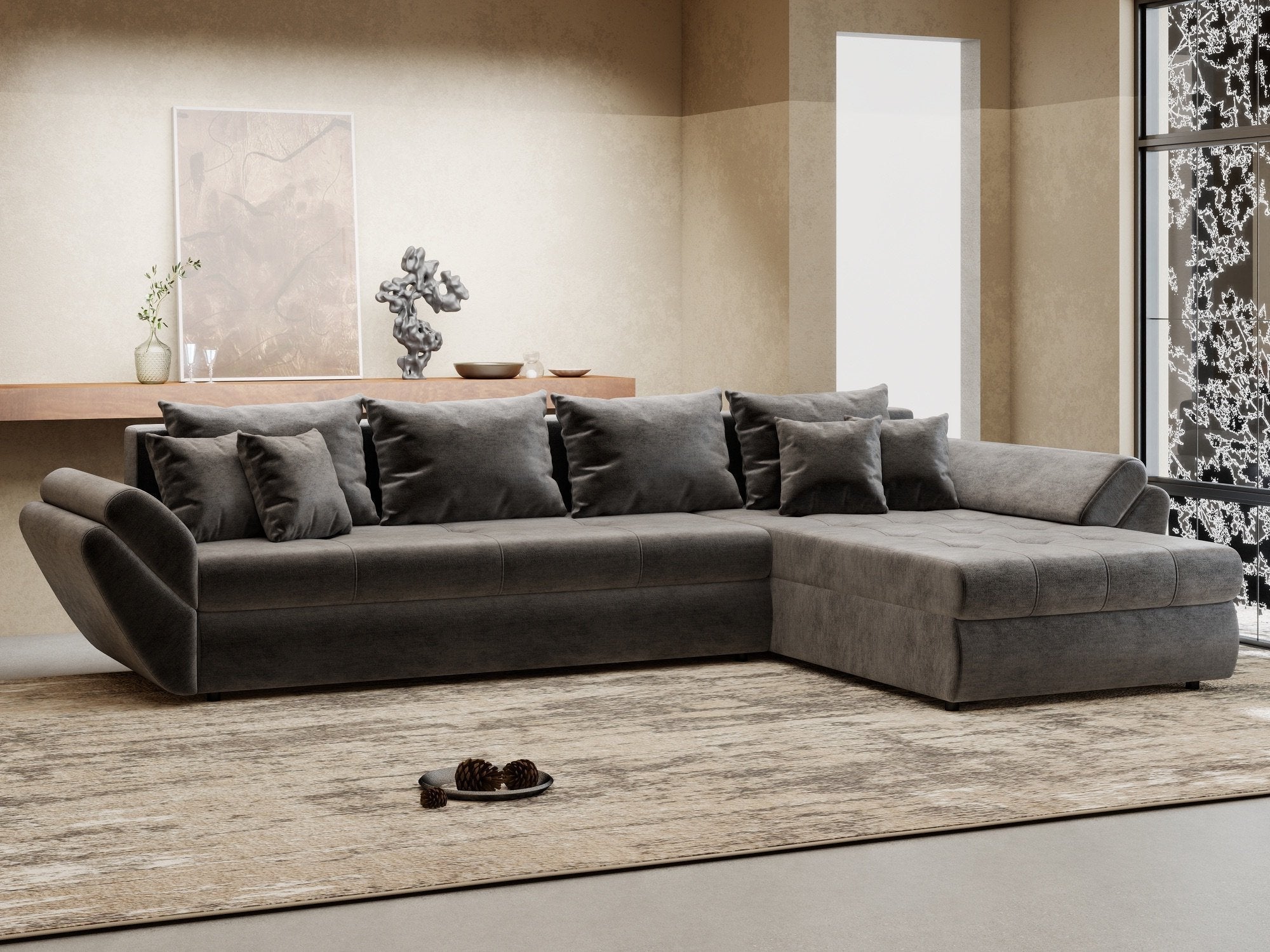 Colțar extensibil dumonde cu ladă de depozitare si sezut confortabil din spuma high-density, Loana XL Monolith Gri Antracit II 335x185 cm