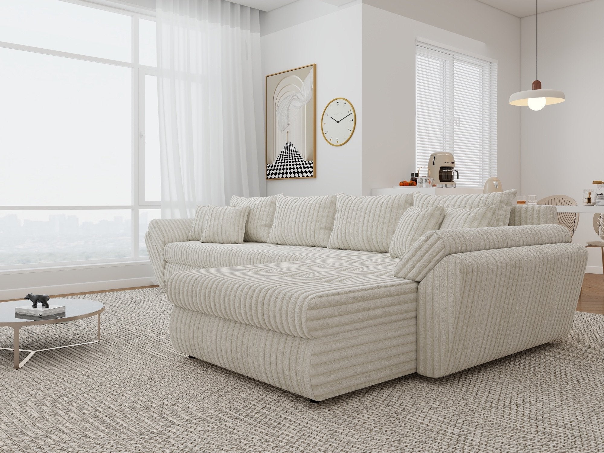 Colțar extensibil dumonde cu ladă de depozitare si sezut confortabil din spuma high-density, Loana XL Tilia Bej 01 II 335x185 cm