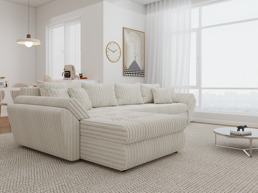 Colțar extensibil dumonde cu ladă de depozitare si sezut confortabil din spuma high-density, Loana XL Tilia Bej 01 335x185 cm