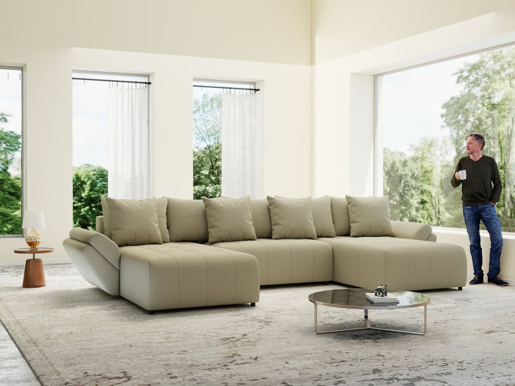 Colțar extensibil dumonde cu ladă de depozitare si sezut confortabil din spuma high-density, Berlin U Enjoy Camel 380x180 cm