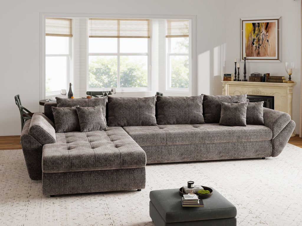 Colțar extensibil dumonde cu ladă de depozitare si sezut confortabil din spuma high-density, Loana XL Cremona Maro-bej 335x185 cm