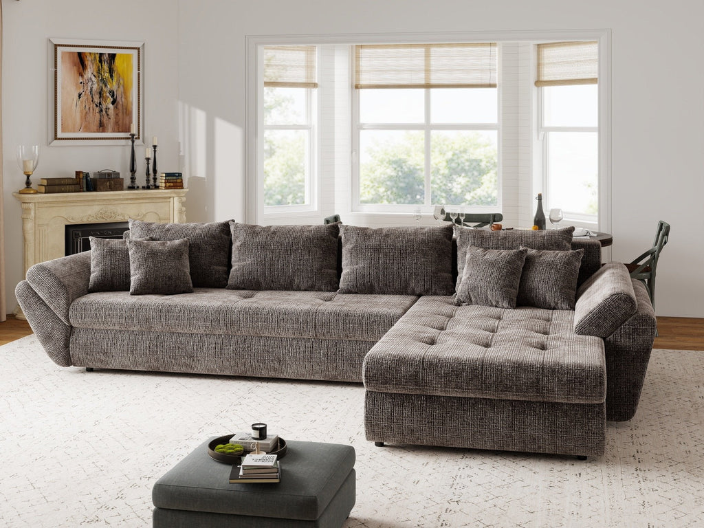 Colțar extensibil dumonde cu ladă de depozitare si sezut confortabil din spuma high-density, Loana XL Cremona Maro-bej II 335x185 cm