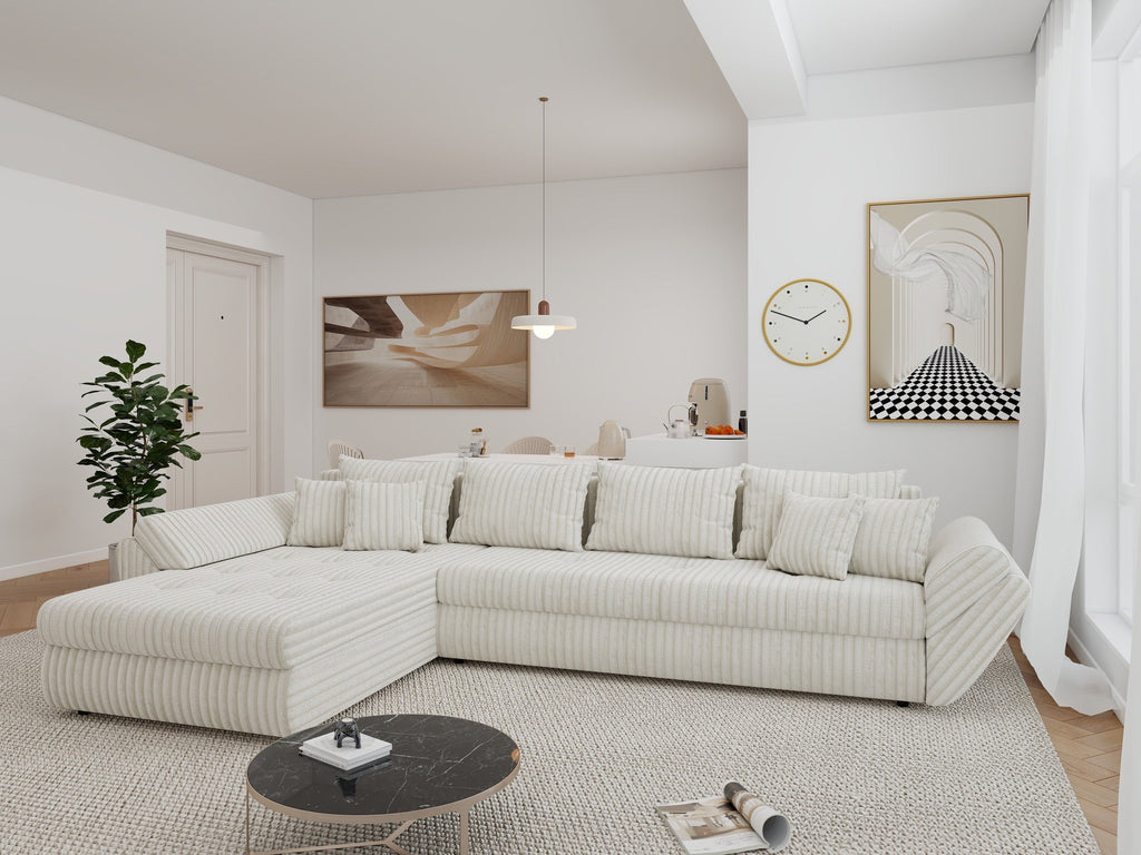 Colțar extensibil dumonde cu ladă de depozitare si sezut confortabil din spuma high-density, Loana XL Tilia Bej 01 335x185 cm