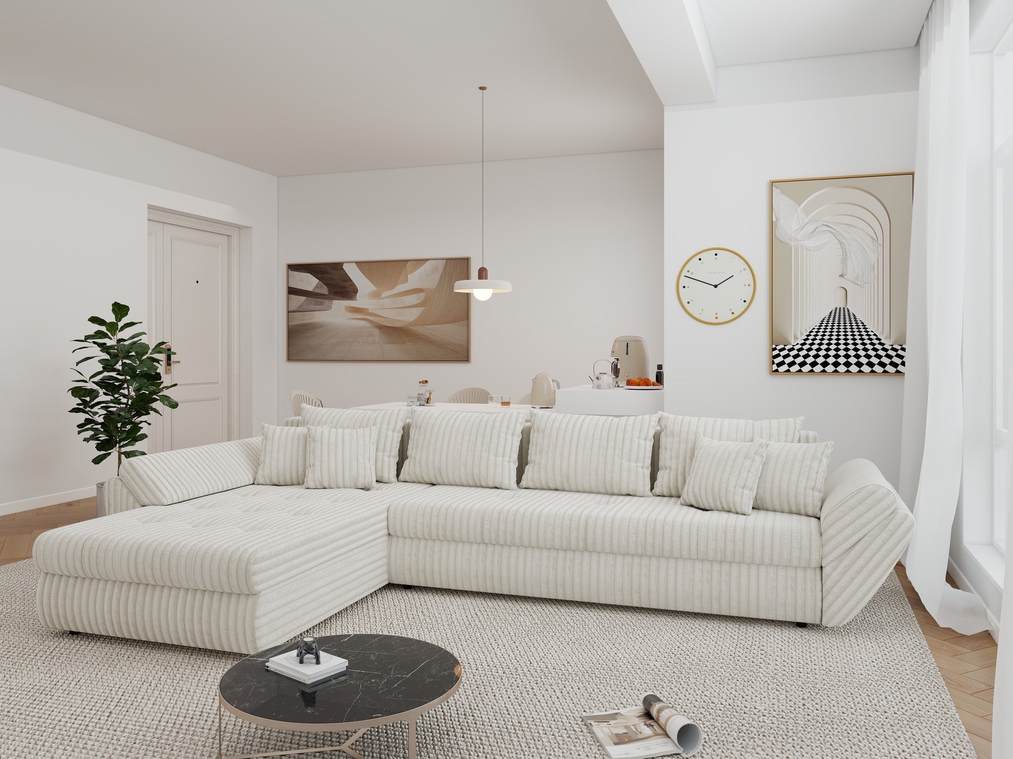 Colțar extensibil dumonde cu ladă de depozitare si sezut confortabil din spuma high-density, Loana XL Tilia Bej 01 335x185 cm