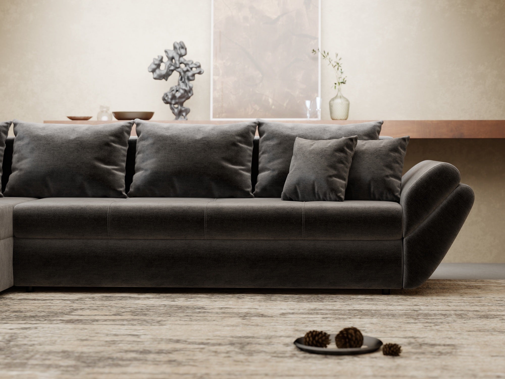 Colțar extensibil dumonde cu ladă de depozitare si sezut confortabil din spuma high-density, Loana XL Monolith Gri Antracit 335x185 cm